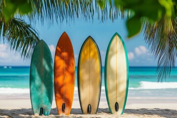 Colorful surfboards on a tropical beach.  Palm trees cast shadows on the sand.  Serene ocean scene