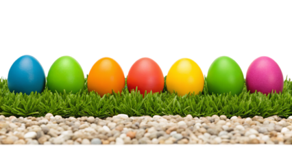Charming Easter-themed scene featuring seven beautifully painted Easter eggs arranged in a festive template. The eggs are placed on a rustic rock bench surrounded by fresh green meadow grass. PNG file