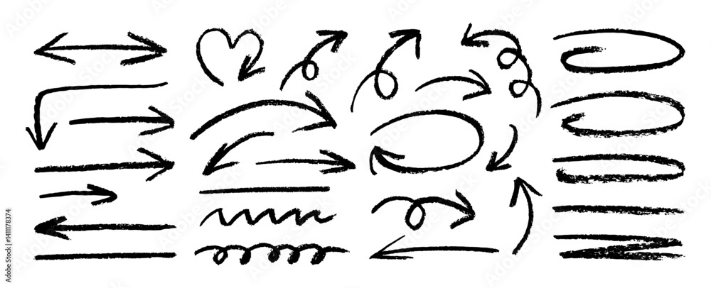 Fototapete black charcoal arrows strokes. set of design elements different forms on white background. rough cha