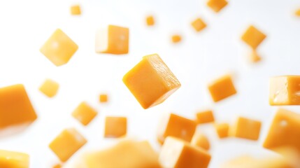 Many golden-brown caramel candies float against a white background.  A single cube is in sharp focus, highlighting its glossy texture. Sweet treat, confectionery concept.