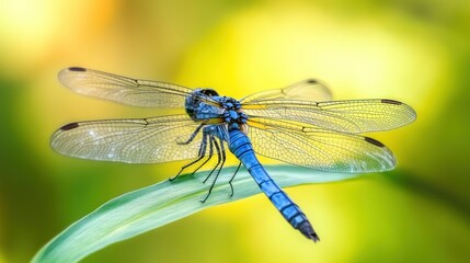 A striking blue dragonfly delicately perched upon a green leaf