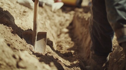 A construction worker digging a trench for plumbing installation. Featuring effort and focus