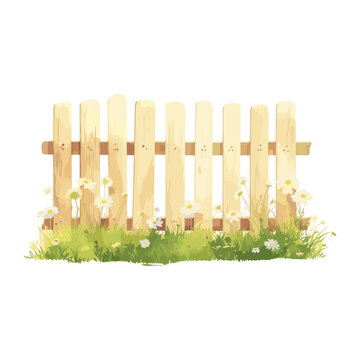 watercolor wooden fence with grass and flowers clip art preview