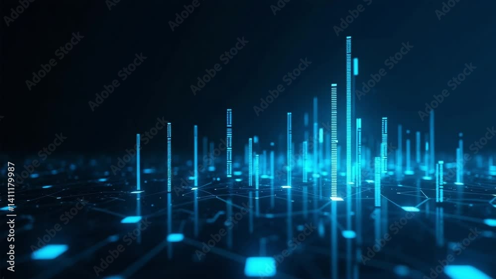 Poster abstract digital landscape with glowing lines and data representations in a futuristic network envir