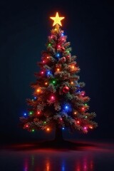 Warmly lit Christmas tree with vibrant lights and colorful ornaments against a dark background, Christmas tree lights, Christmas time