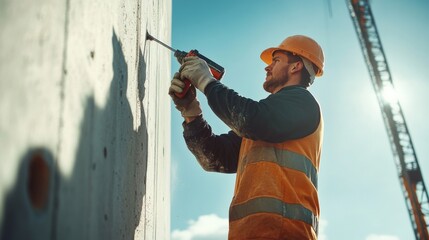 A construction worker drilling into a concrete wall at a building site. Featuring precision and skill