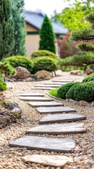 Tranquil Garden Pathway with Stone Slabs and Lush Greenery