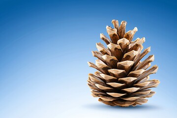 Detailed Closeup of a Single Brown Pine Cone Against a Soft Blue Background