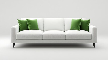 Fototapeta premium Modern White Sofa with Green Velvet Pillows, A modern white sofa with green velvet pillows against a plain background