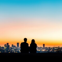 Fototapeta premium A dreamy cinematic view of a couple watching the city skyline at dusk, Suburban Sunset of City Skylines