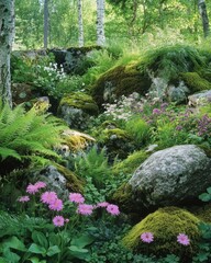 Lush Greenery with Pink Flowers and Serene Stream in Nature