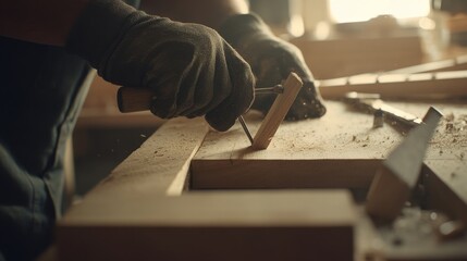 A construction worker hammering nails into wooden planks. Featuring strength and precision