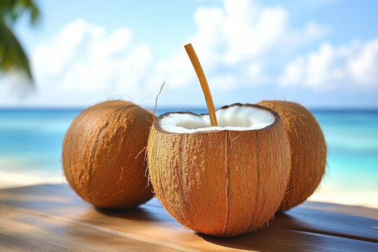 Coconuts on wooden table against blue sky.