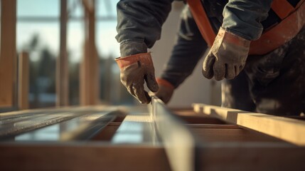 Construction worker installing windows at a building site. Featuring skill and focus