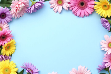 Obraz premium bunch of purple and yellow flowers on a blue background