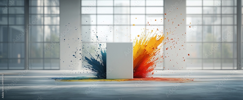Poster abstract explosion of color around a blank podium