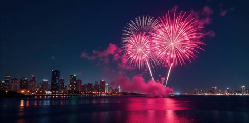 Fototapeta premium New Year countdown fireworks exploding in the night sky with a cityscape and bright colorful lights, evening spectacle, new year's eve fireworks