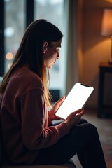Woman sitting alone in silence with a blank mobile phone screen in hand, woman, silence