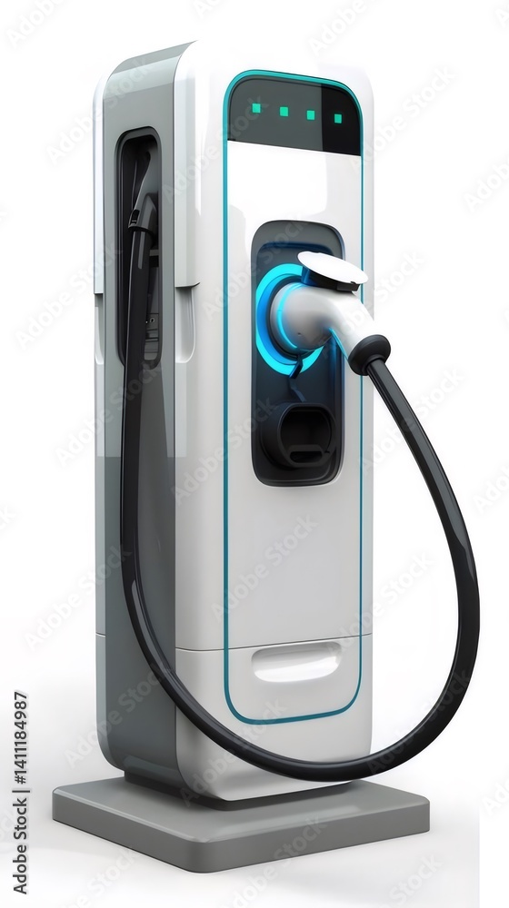Aufkleber 白い背景に分離されたモダンな電気自動車充電ステーションのクローズアップビュー