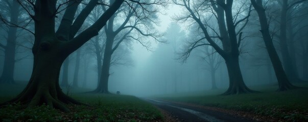 Naklejka premium Moody forest landscape with misty fog and twisted trees, ink, mystical