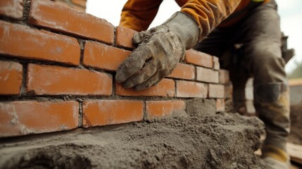 Construction worker laying bricks for a building wall. Featuring craftsmanship and precision