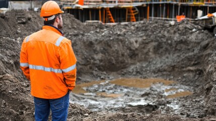 Construction worker surveys excavation site, building background