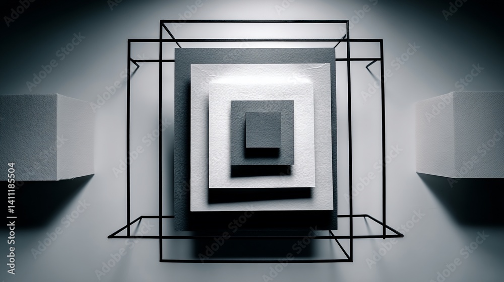 Poster Abstract geometric composition of stacked squares in grayscale