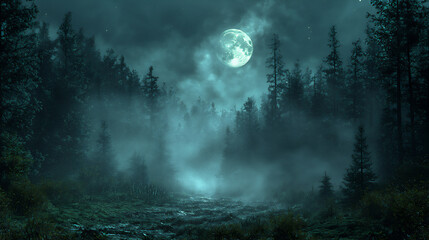 foggy forest night,