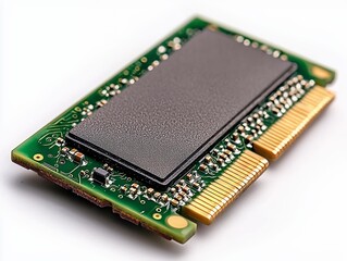 Detailed Solid State Drive Close Up on White Backdrop Featuring Green Circuit Board