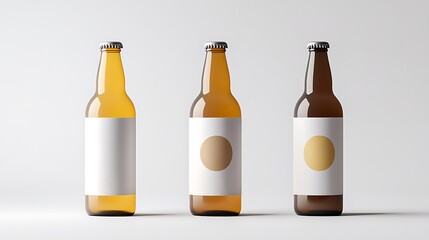 Three Beer Bottles Mockup: Minimalist Design with Blank Labels and Subtle Color Variations