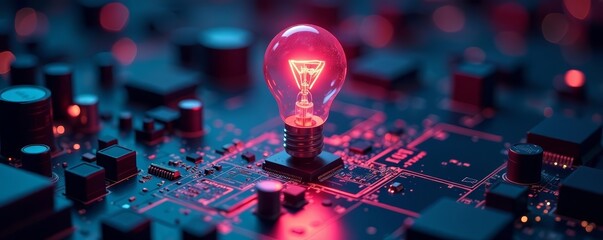 Futuristic light bulb glowing on circuit board with digital technology, electronics, concept