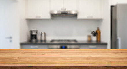 Wood table top on blur kitchen counter background, wallpaper, Empty beautiful wood table top counter and blur bokeh modern kitchen interior background,abstract, blurred, perspective, image, up, mock, 