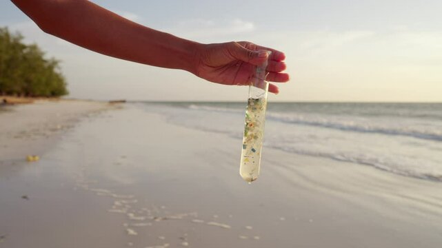 microplastics in ocean, micro plastic pollution in water, environment, and beach, nature pollution concept