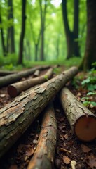 Fototapeta premium Weathered wooden logs scattered on forest floor, nature, fallen branches