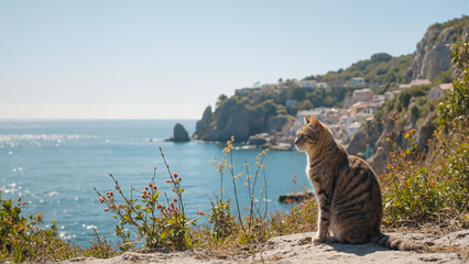 崖の上から海を見つめる猫