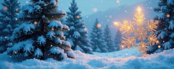 Ornate snowflake pattern adorning a serene Christmas scene featuring snow-covered pine trees and sparkling snowfall, snow covered pine trees, winter wonderland