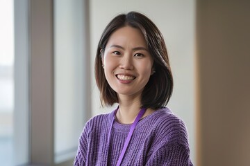 Smiling woman in purple sweater with lanyard standing in a bright neutral space