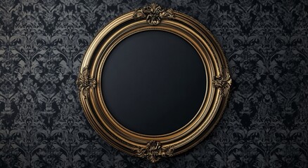 Ornate gold frame on dark damask wallpaper