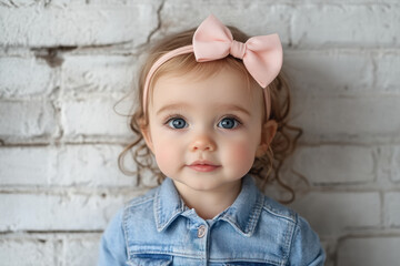 Baby girl with pink bow smiling at camera, sitting in a grassy field with flowers.