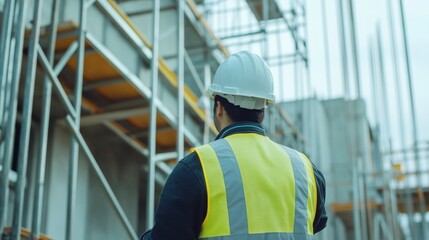 A construction worker inspecting scaffolding stability. Featuring safety checks and attention to detail