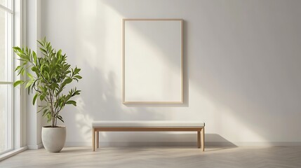 Minimalist Interior Design:  Sunlight Illuminates a Serene Space with a Blank Canvas, Wooden Bench, and Lush Greenery