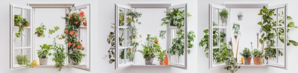 White window with various potted plants