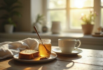 Morning Toast with Honey and Coffee in Cozy Kitchen