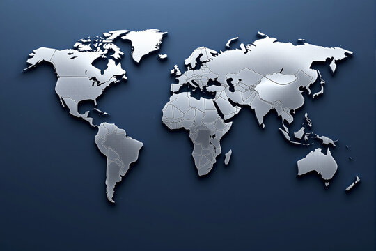 Fototapeta Embossed metallic world map showing continents and countries, minimalistic graphic style, on a dark blue background, concept of global unity. Ai generative
