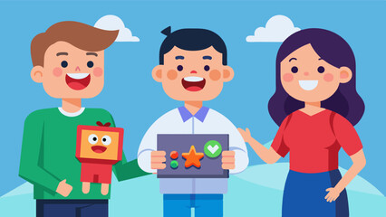 A boy proudly showing off his first finished game made with Unity to his parents who cant help but smile at his creativity and skill.. Vector illustration