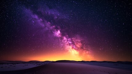 Fototapeta premium Clear night sky filled stars above a calm desert featuring the Milky Way stretching across the sky gradient sky from dark purple to black soft light on the sand dunes