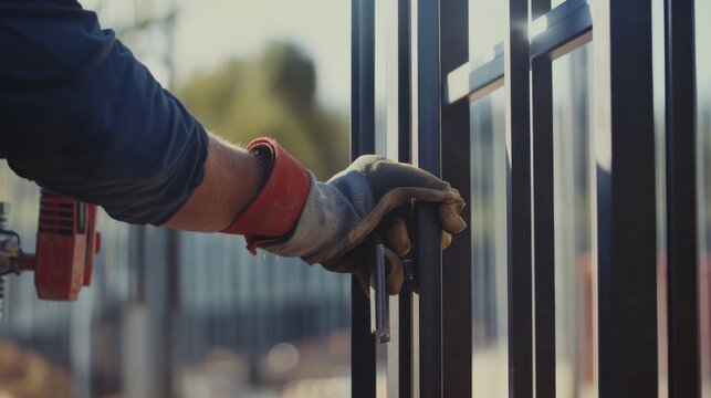 A construction worker installing a metal gate on a property. Featuring precision and craftsmanship