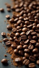 Obraz premium Freshly ground espresso beans on worn leather table top, coffee beans, vintage, coffee maker