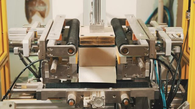 Innovative semi-automatic laminating machine transforming rectangular boxes in a bustling workshop environment