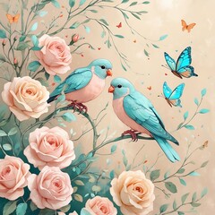 Fototapeta premium Vintage Romantic Composition with Caged Birds, Butterflies, and Red Roses on Textured Background